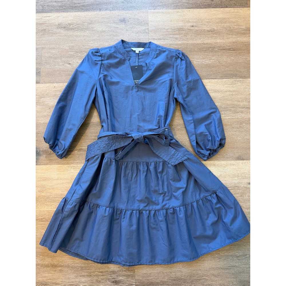 Crown & Ivy Blue Tiered Mini Dress Long Sleeve V-Neck Belted Size S NEW